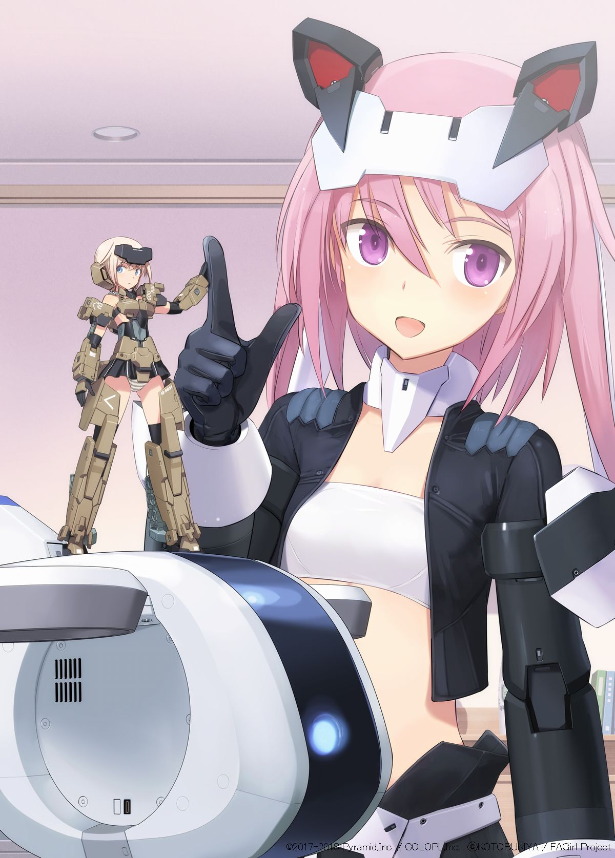 2girls :d alice_gear_aegis bangs black_gloves black_skirt blonde_hair blue_eyes book bookshelf breasts ceiling ceiling_light creator_connection crossover dot_nose drone eyebrows_visible_through_hair eyes_visible_through_hair finger_gun frame_arms_girl gloves gourai highres hirasaka_yotsuyu indoors jacket looking_at_viewer mecha_musume medium_hair midriff minigirl miniskirt multiple_girls open_mouth panties pink_hair purple_hair shimada_fumikane size_difference skirt small_breasts smile strapless striped striped_panties tubetop underwear