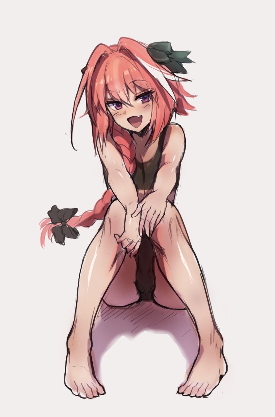 1boy :d astolfo_(fate) bangs bare_arms bare_legs bare_shoulders barefoot black_bow black_panties black_ribbon bow braid bulge eyebrows_visible_through_hair fang fate/apocrypha fate_(series) hair_between_eyes hair_bow hair_intakes hair_ribbon highres knees_together_feet_apart long_hair looking_at_viewer multicolored_hair open_mouth panties pink_hair potato_(sksnabi) ribbon shadow single_braid sitting smile solo streaked_hair trap two-tone_hair underwear violet_eyes white_hair