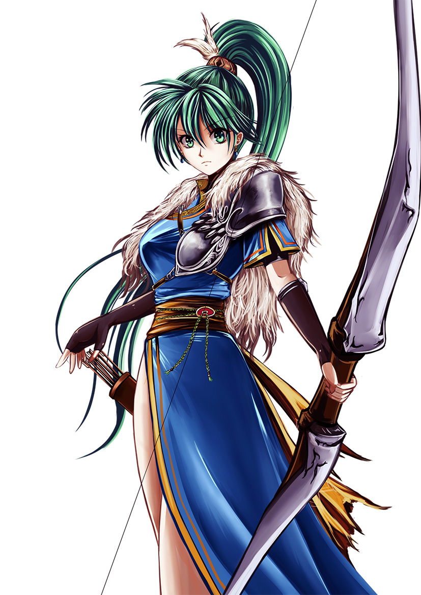 1girl blue_dress bow_(weapon) bracer breasts cecil_(wing_r) cowboy_shot dress earrings erect_nipples fingerless_gloves fire_emblem fire_emblem:_rekka_no_ken fire_emblem_heroes fur_capelet gloves green_eyes green_hair jewelry long_hair looking_at_viewer lyndis_(fire_emblem) medium_breasts ponytail quiver shoulder_armor simple_background solo weapon white_background