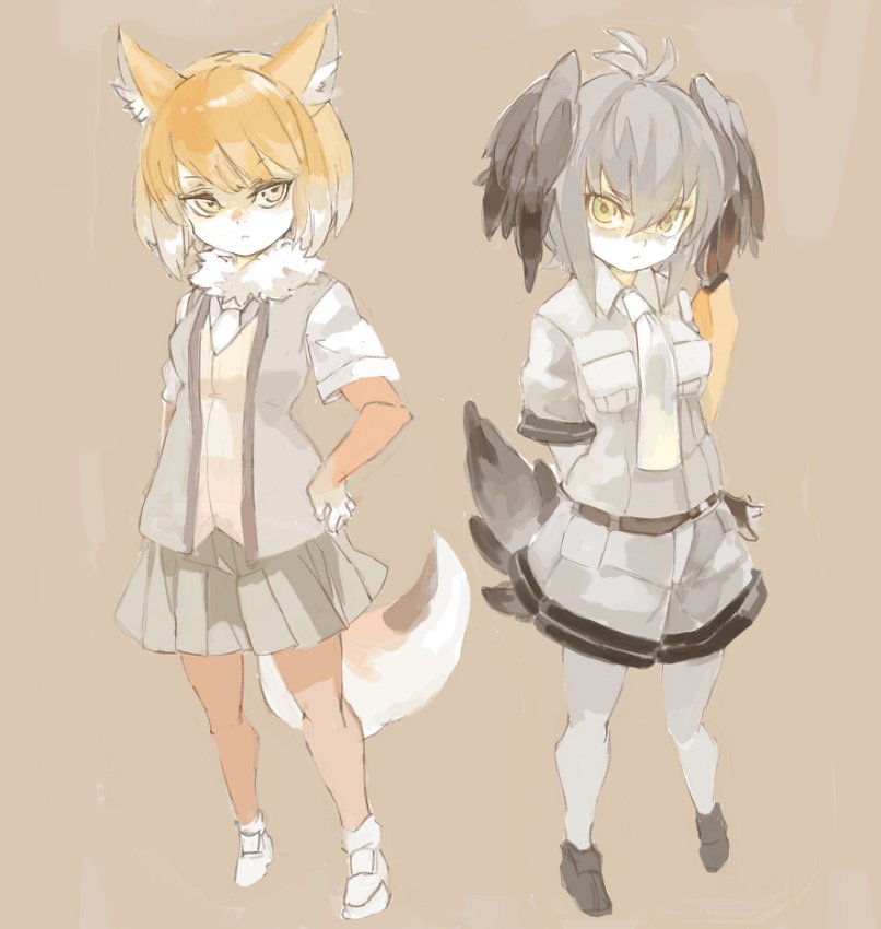 2girls animal_ears arms_behind_back bird_tail bird_wings blonde_hair collared_shirt commentary_request elbow_gloves fox_ears fox_tail fur_collar gloves grey_hair hand_on_hip head_wings jacket kemono_friends konabetate light_brown_hair multicolored_hair multiple_girls necktie pantyhose pleated_skirt shirt shoebill_(kemono_friends) short_hair short_sleeves shorts skirt tail tibetan_sand_fox_(kemono_friends) uniform vest white_hair wings