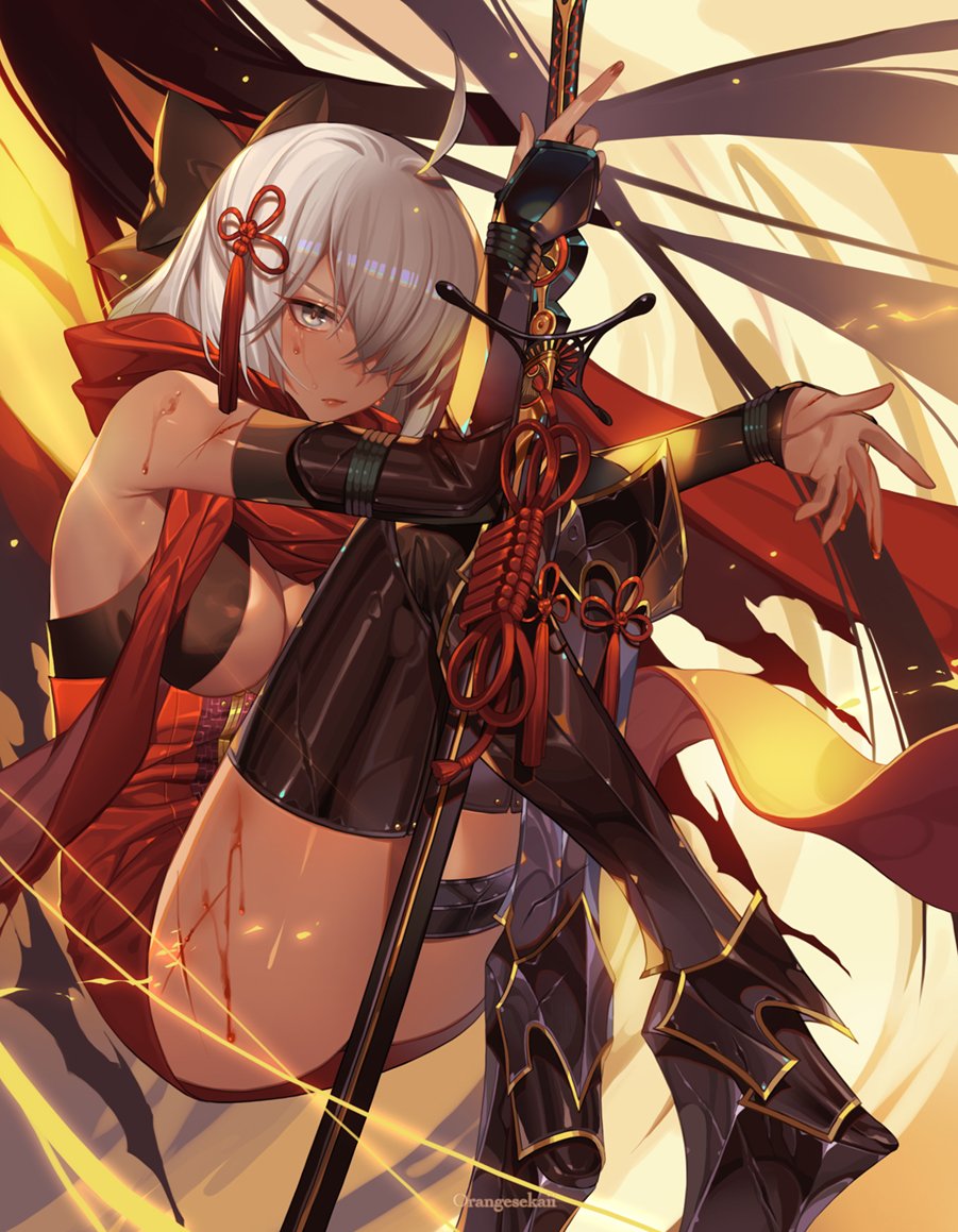 1girl ahoge arm_guards armored_boots black_bow boots bow breasts cleavage commentary dark_skin fate/grand_order fate_(series) hair_between_eyes hair_bow hair_ornament hair_over_one_eye holding holding_weapon knees_to_chest knees_up large_breasts legs_crossed long_hair okita_souji_(alter)_(fate) okita_souji_(fate)_(all) orangesekaii red_scarf scarf silver_hair sitting solo sweat tassel tied_hair weapon yellow_eyes