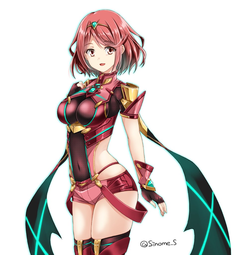 1girl armor blush breasts fingerless_gloves gloves pyra_(xenoblade) large_breasts looking_at_viewer shinohara_shinome short_hair simple_background smile solo white_background xenoblade_(series) xenoblade_2