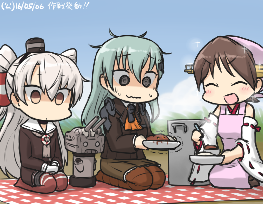 3girls @_@ amatsukaze_(kantai_collection) apron aqua_hair ascot blue_sky blush brown_dress brown_hair brown_legwear commentary_request curry curry_rice dated day detached_sleeves dress empty_eyes food gloves hair_ornament hairclip hamu_koutarou head_scarf headgear hiei_(kantai_collection) kantai_collection long_hair multiple_girls nontraditional_miko outdoors picnic pot rensouhou-kun ribbon-trimmed_sleeves ribbon_trim rice sailor_dress short_hair sky smile sparkle suzuya_(kantai_collection) sweat thigh-highs trembling two_side_up white_gloves