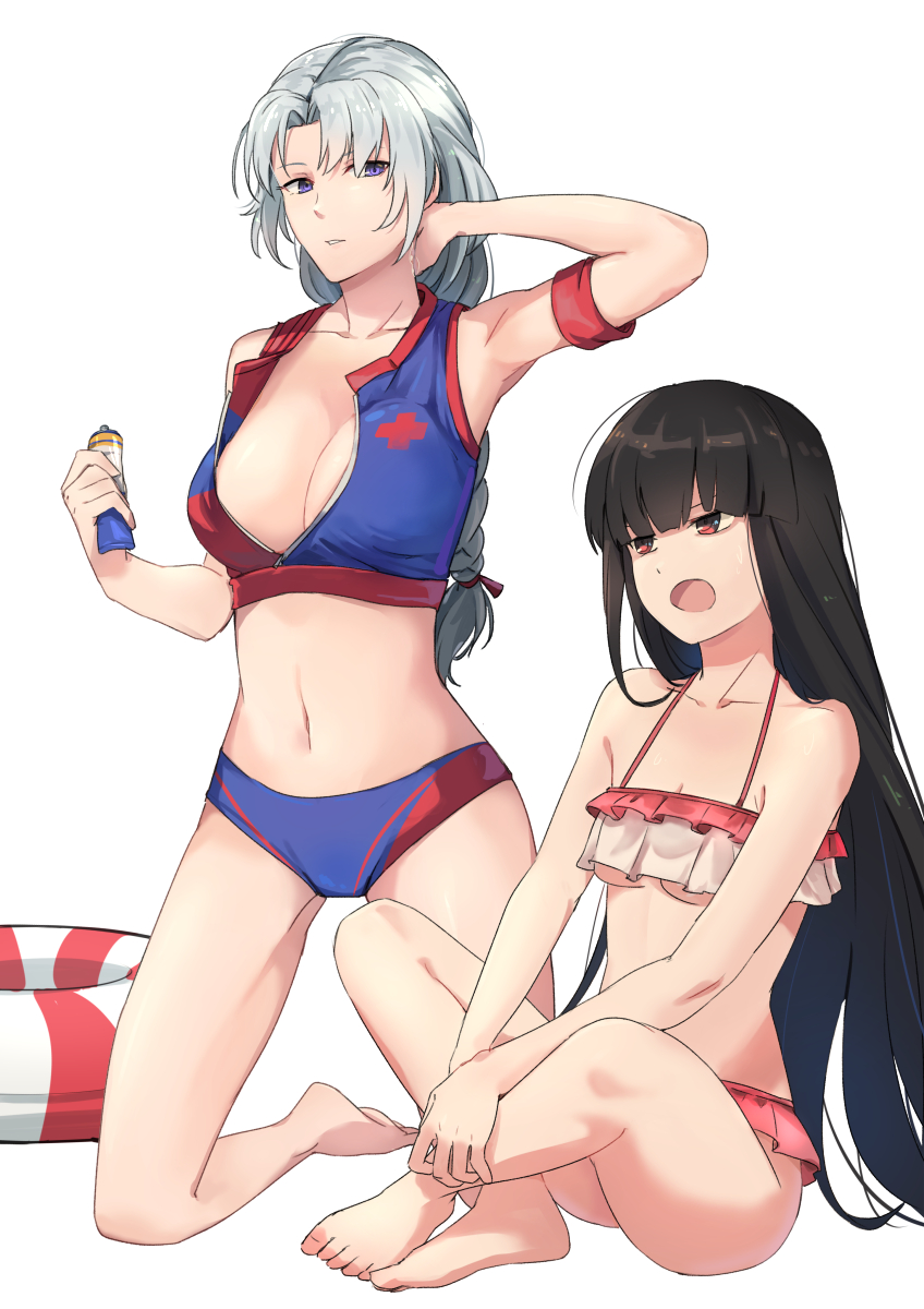 2girls :o adapted_costume arm_up armband armpits ass bare_arms bare_legs bare_shoulders barefoot bikini black_hair blue_bikini blue_eyes braid breasts cleavage collarbone commentary_request frilled_bikini frills full_body halterneck highres holding houraisan_kaguya hsin indian_style innertube kneeling large_breasts long_hair looking_at_another lotion multicolored multicolored_bikini multicolored_clothes multiple_girls navel no_headwear open_mouth parted_lips pink_bikini red_bikini red_eyes silver_hair simple_background sitting small_breasts stomach sunscreen swimsuit thighs touhou under_boob very_long_hair white_background yagokoro_eirin