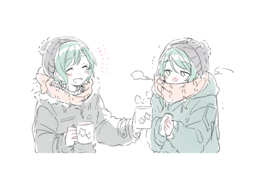 2girls ^_^ aqua_hair bang_dream! beanie blush bowwow_(hamju94) breath closed_eyes coat cup eyebrows_visible_through_hair hat hikawa_hina hikawa_sayo holding holding_cup long_sleeves mug multiple_girls muted_color open_mouth scarf short_hair siblings sisters smile twins upper_body winter_clothes