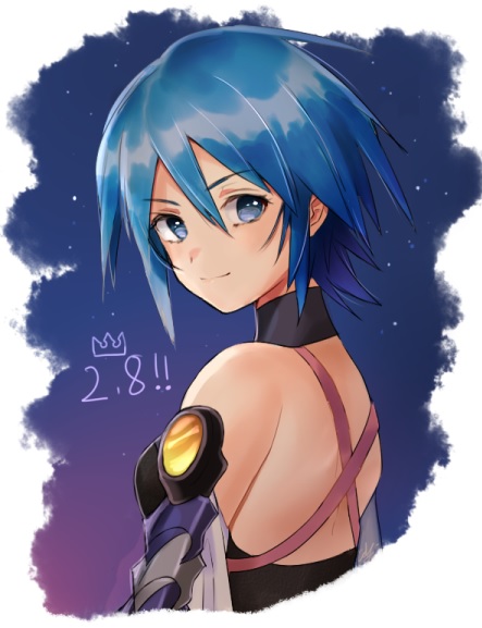 1girl aqua_(kingdom_hearts) bangs bare_shoulders blue_eyes blue_hair closed_mouth hair_between_eyes kingdom_hearts kingdom_hearts_birth_by_sleep mizu_ramen short_hair smile solo star_(sky) turtleneck upper_body