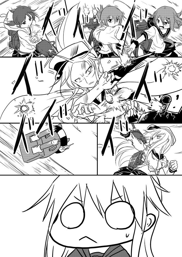 6+girls :&lt; :d action animal_hood asymmetrical_clothes bangs chibi clenched_hand comic commentary eyebrows_visible_through_hair fang firing flat_cap folded_ponytail greyscale hair_between_eyes hair_ornament hand_on_own_arm hat heterochromia hibiki_(kantai_collection) hood hoodie ikazuchi_(kantai_collection) inazuma_(kantai_collection) innertube kantai_collection kikuzuki_(kantai_collection) lightning_bolt lightning_bolt_hair_ornament long_hair long_sleeves looking_to_the_side low_twintails machinery meitoro miniskirt monochrome multiple_girls neckerchief no_eyebrows o_o open_mouth outstretched_arm peaked_cap pleated_skirt pointy_ears rensouhou-chan school_uniform scrunchie serafuku shirayuki_(kantai_collection) shirt short_sleeves sideways_hat skirt sleeves_past_fingers sleeves_past_wrists slit_pupils smile sound_effects striped sweatdrop ta-class_battleship torn_clothes torn_shirt torn_skirt torn_sleeves torpedo_tubes trembling turret twintails v-shaped_eyebrows verniy_(kantai_collection) wind wrist_scrunchie