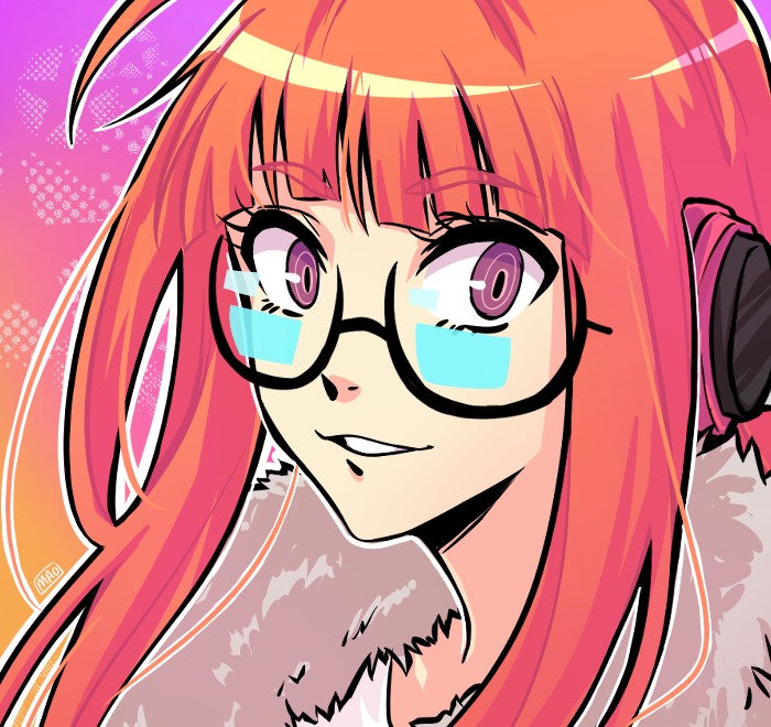 1girl ahoge bangs black-framed_eyewear blunt_bangs eyebrows_visible_through_hair fur_trim headphones long_hair looking_at_viewer mao_(expuella) orange_hair persona persona_5 portrait sakura_futaba semi-rimless_eyewear smile solo under-rim_eyewear violet_eyes