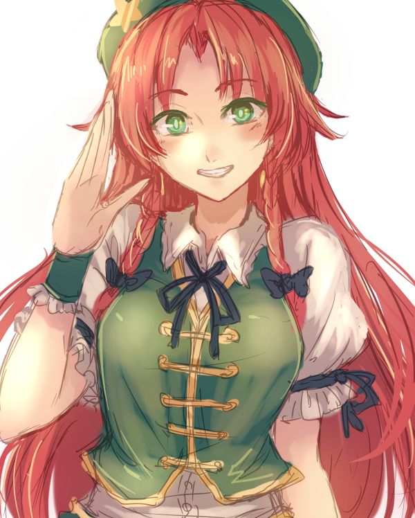 1girl alternate_eye_color arm_at_side beret braid breasts chinese_clothes colored_eyelashes commentary_request earrings green_eyes hat hong_meiling jewelry long_hair looking_at_viewer medium_breasts puffy_short_sleeves puffy_sleeves redhead shirt short_sleeves simple_background sketch solo star terrajin touhou twin_braids upper_body white_background white_shirt wrist_cuffs