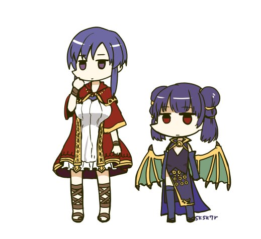 2girls artist_name cape cosplay costume_switch dragon_wings dress elbow_gloves fire_emblem fire_emblem:_rekka_no_ken fire_emblem:_seima_no_kouseki fire_emblem_heroes gloves long_hair mamkute multi-tied_hair multiple_girls myrrh myrrh_(cosplay) purple_hair sandals short_hair side_slit simple_background sksk7r thigh-highs twintails ursula_(fire_emblem) ursula_(fire_emblem)_(cosplay) white_background white_dress wings