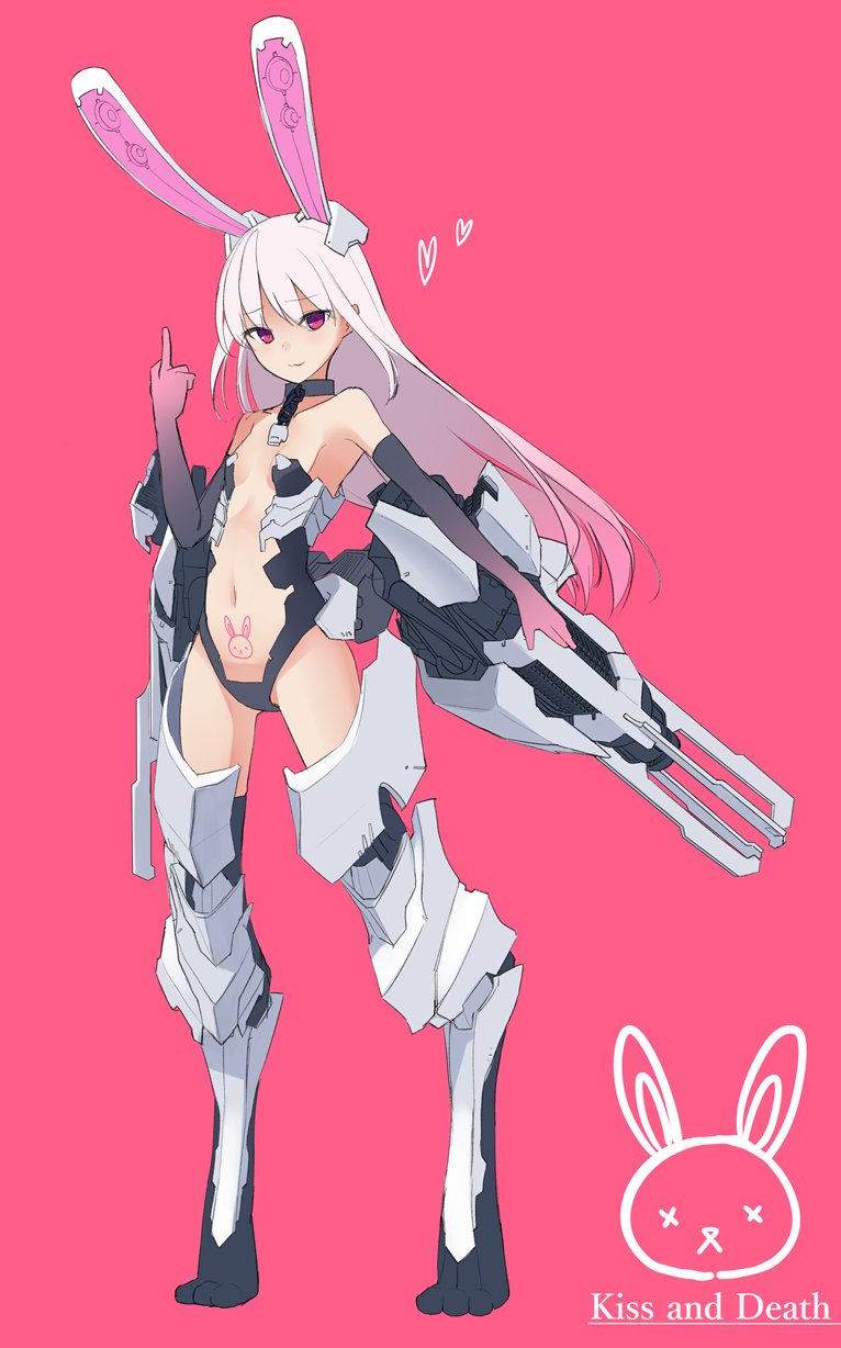 1girl :3 animal_ears armor armpits bangs breasts chains collar elbow_gloves eyebrows_visible_through_hair floating_hair full_body gloves gradient gradient_gloves heart highres long_hair looking_at_viewer makadamixa mecha_musume mechanical_legs mechanical_parts middle_finger original pink_background pink_eyes pubic_tattoo rabbit_ears small_breasts tattoo very_long_hair visible_ears weapon whistle white_hair x_x