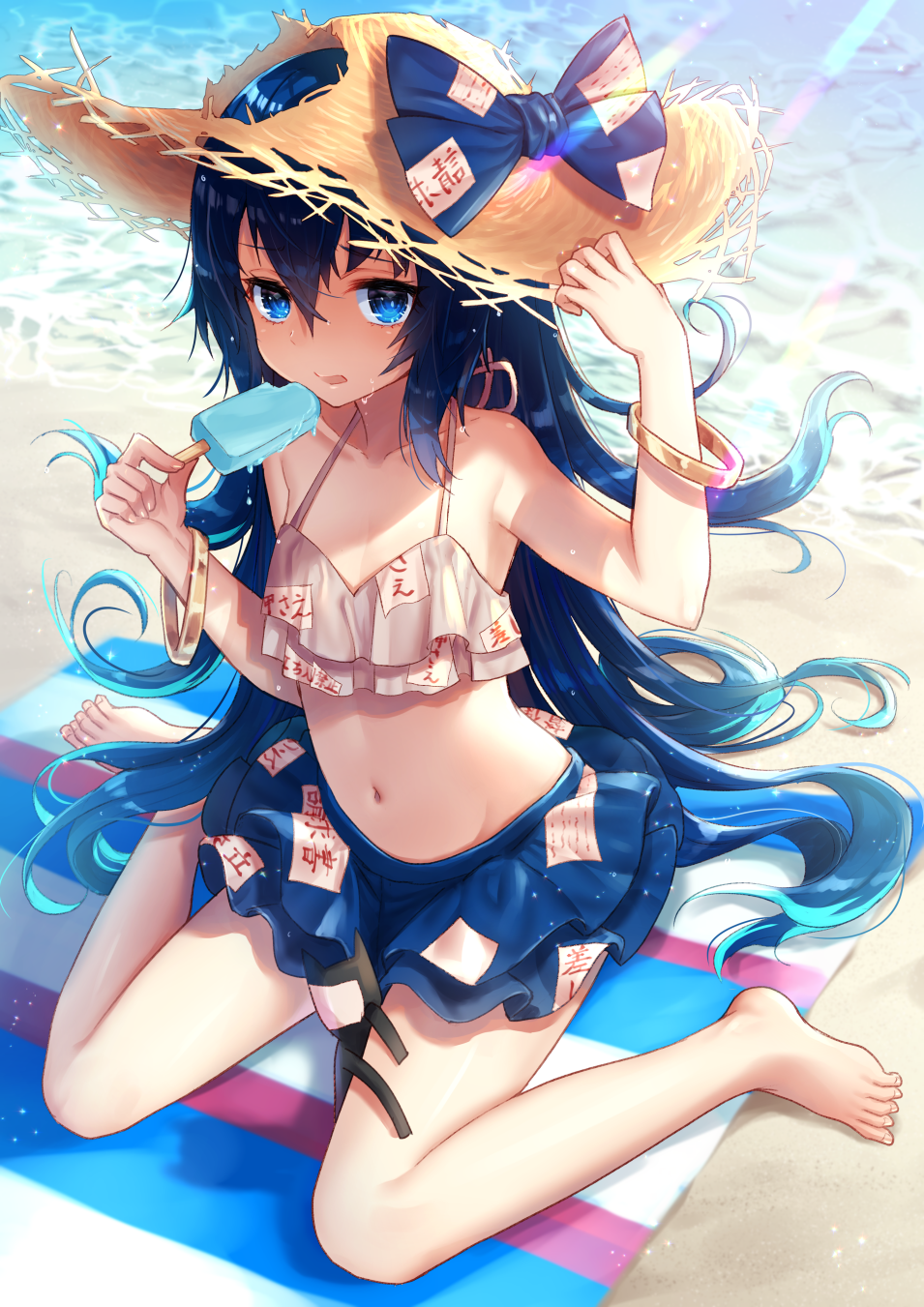 1girl adapted_costume armpits bare_arms bare_legs bare_shoulders barefoot beach beach_towel bikini bikini_skirt blue_bow blue_eyes blue_hair bow bracelet collarbone day debt food full_body halterneck hand_on_headwear hands_up hat hat_bow highres holding holding_food ice_cream jewelry long_hair looking_at_viewer navel nunucco open_mouth outdoors sand sitting solo stomach straw_hat stuffed_animal stuffed_cat stuffed_toy summer swimsuit toes torn_clothes torn_hat touhou towel very_long_hair wariza water yorigami_shion