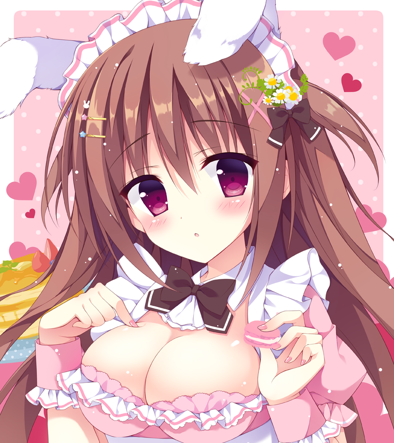 1girl :o animal_ears bangs black_bow blush bow breast_poke breasts brown_hair cleavage commentary_request detached_collar eyebrows_visible_through_hair flower food frills fruit hair_bow hair_flower hair_ornament hairpin hands_up heart holding izuminanase large_breasts long_hair macaron maid nail_polish original pancake pink_background pink_nails poking polka_dot polka_dot_background rabbit_ears solo strawberry two_side_up upper_body violet_eyes wrist_cuffs