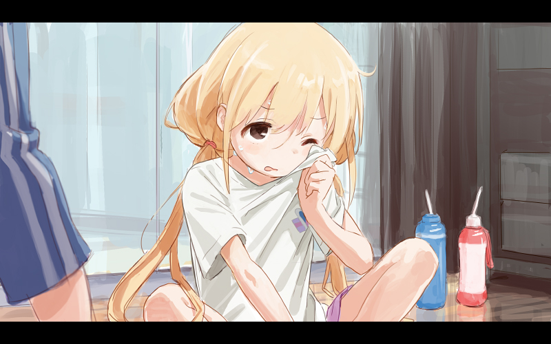 1girl blonde_hair bottle brown_eyes commentary_request eyebrows_visible_through_hair fugo futaba_anzu idolmaster idolmaster_cinderella_girls indoors long_hair low_twintails mirror one_eye_closed parted_lips shirt shorts sitting sketch solo sweat t-shirt twintails water_bottle wiping_sweat