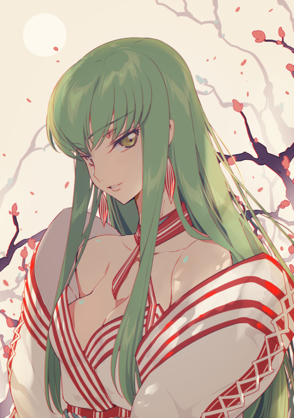 1girl bangs bare_shoulders breasts c.c. cleavage code_geass collarbone commentary_request creayus earrings eyebrows_visible_through_hair fringe green_hair head_tilt jewelry large_breasts long_hair long_sleeves looking_at_viewer outdoors parted_lips petals sidelocks sun upper_body wind yellow_eyes