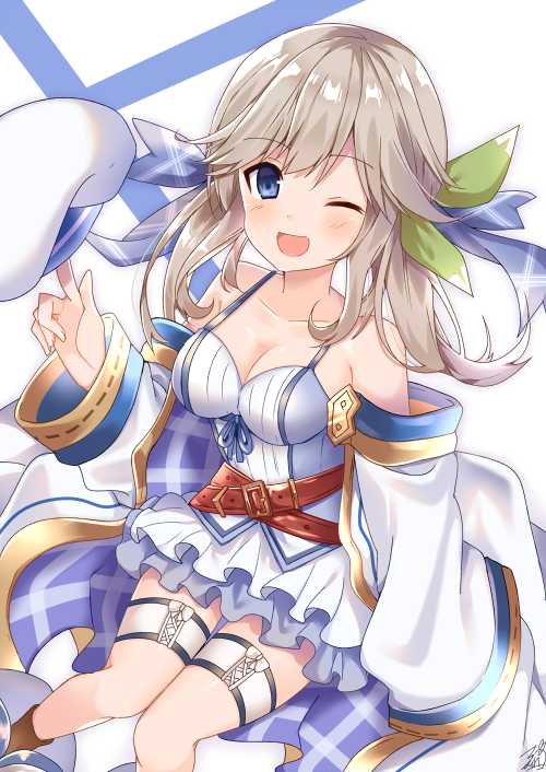 1girl ;d bangs belt_buckle beret blue_eyes blue_ribbon blush boots breasts brown_belt brown_footwear brown_hair buckle camisole cleavage cola commentary_request cucouroux_(granblue_fantasy) eyebrows_visible_through_hair granblue_fantasy green_ribbon hair_between_eyes hair_ribbon hat jacket long_hair long_sleeves looking_at_viewer medium_breasts off_shoulder omuretsu one_eye_closed open_clothes open_jacket open_mouth plaid plaid_ribbon pleated_skirt ribbon sitting skirt smile solo white_camisole white_hat white_jacket white_skirt wide_sleeves