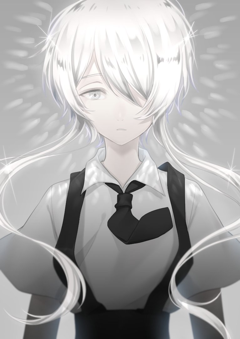 1other androgynous gem_uniform_(houseki_no_kuni) ghost_quartz_(houseki_no_kuni) glowing glowing_hair grey_background hair_over_one_eye houseki_no_kuni long_hair looking_at_viewer necktie neku_hnksub short_hair solo sparkle suspenders upper_body white_eyes white_hair