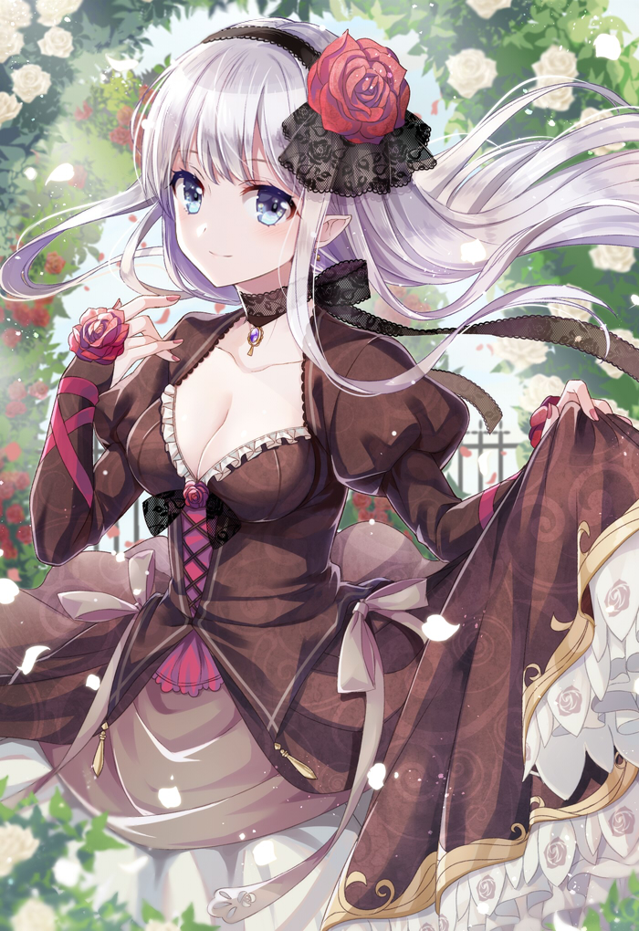 1girl bangs black_ribbon blue_eyes bow breasts bridal_gauntlets choker cleavage collarbone commentary_request cowboy_shot cross-laced_clothes day dress fingernails flower frilled_hairband frills hair_flower hair_ornament hairband jewelry juliet_sleeves lolita_fashion long_hair long_sleeves looking_at_viewer medium_breasts mono_lith nail_polish necklace original outdoors overskirt pointy_ears puffy_sleeves railing red_flower red_nails red_rose revision ribbon ribbon_choker rose skirt_hold smile solo standing white_flower white_hair white_ribbon white_rose