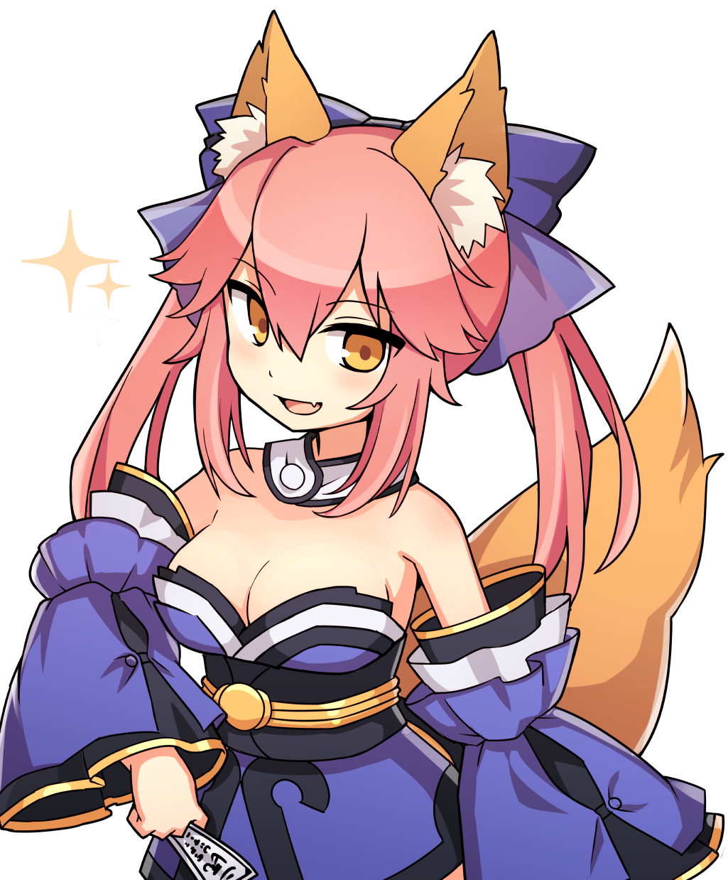 1girl animal_ears bare_shoulders blue_ribbon breasts cleavage detached_sleeves end_tieno fang fate/extra fate/grand_order fate_(series) fox_ears fox_tail hair_ribbon highres japanese_clothes large_breasts looking_at_viewer ofuda open_mouth pink_hair ribbon simple_background solo tail tamamo_(fate)_(all) tamamo_no_mae_(fate) white_background yellow_eyes