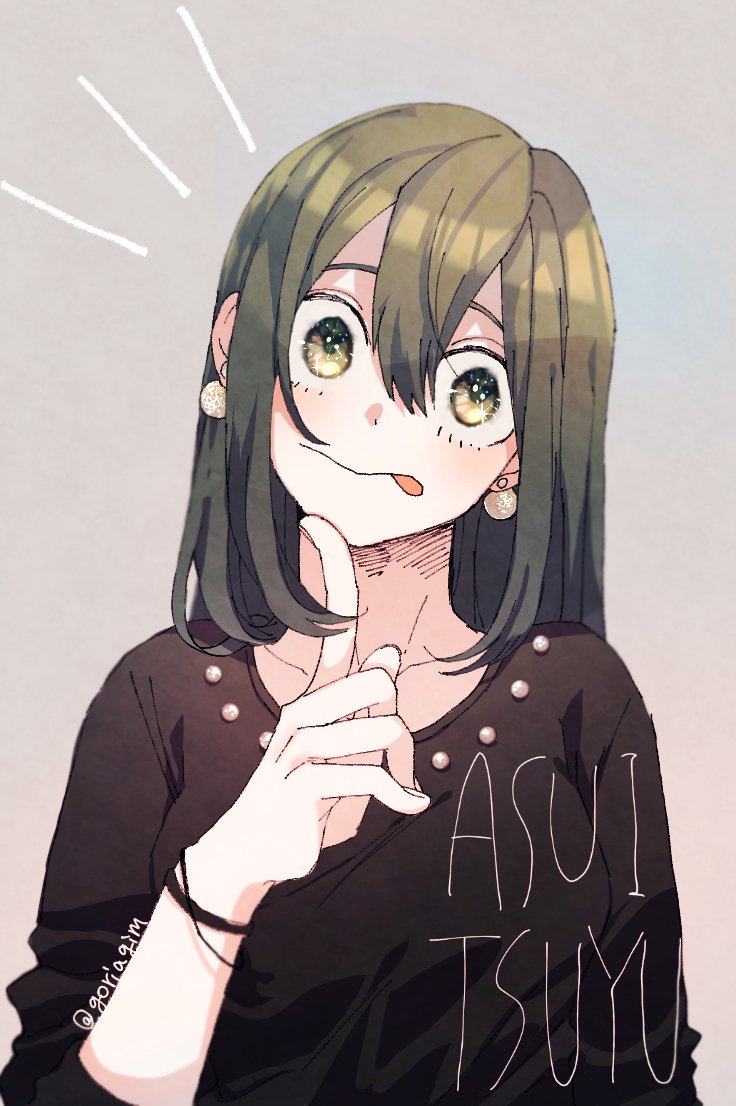 1girl :&gt; asui_tsuyu black_eyes boku_no_hero_academia frog_girl gim_(gim-gim-3919) hair_rings long_hair long_tongue looking_at_viewer low-tied_long_hair simple_background smile solo tongue