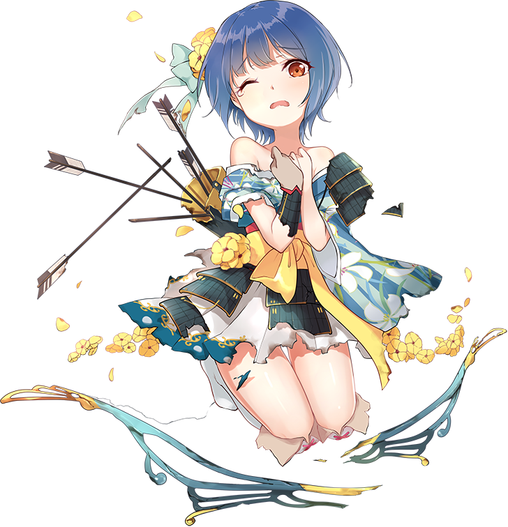 1girl ;o archery arrow artist_request bare_shoulders blue_hair blue_skirt bow_(weapon) broken broken_weapon brown_eyes covering covering_breasts flower full_body gloves hair_flower hair_ornament kitsuki_(oshiro_project) kyuudou official_art one_eye_closed oshiro_project oshiro_project_re partly_fingerless_gloves short_hair skirt tearing_up torn_clothes transparent_background weapon yugake