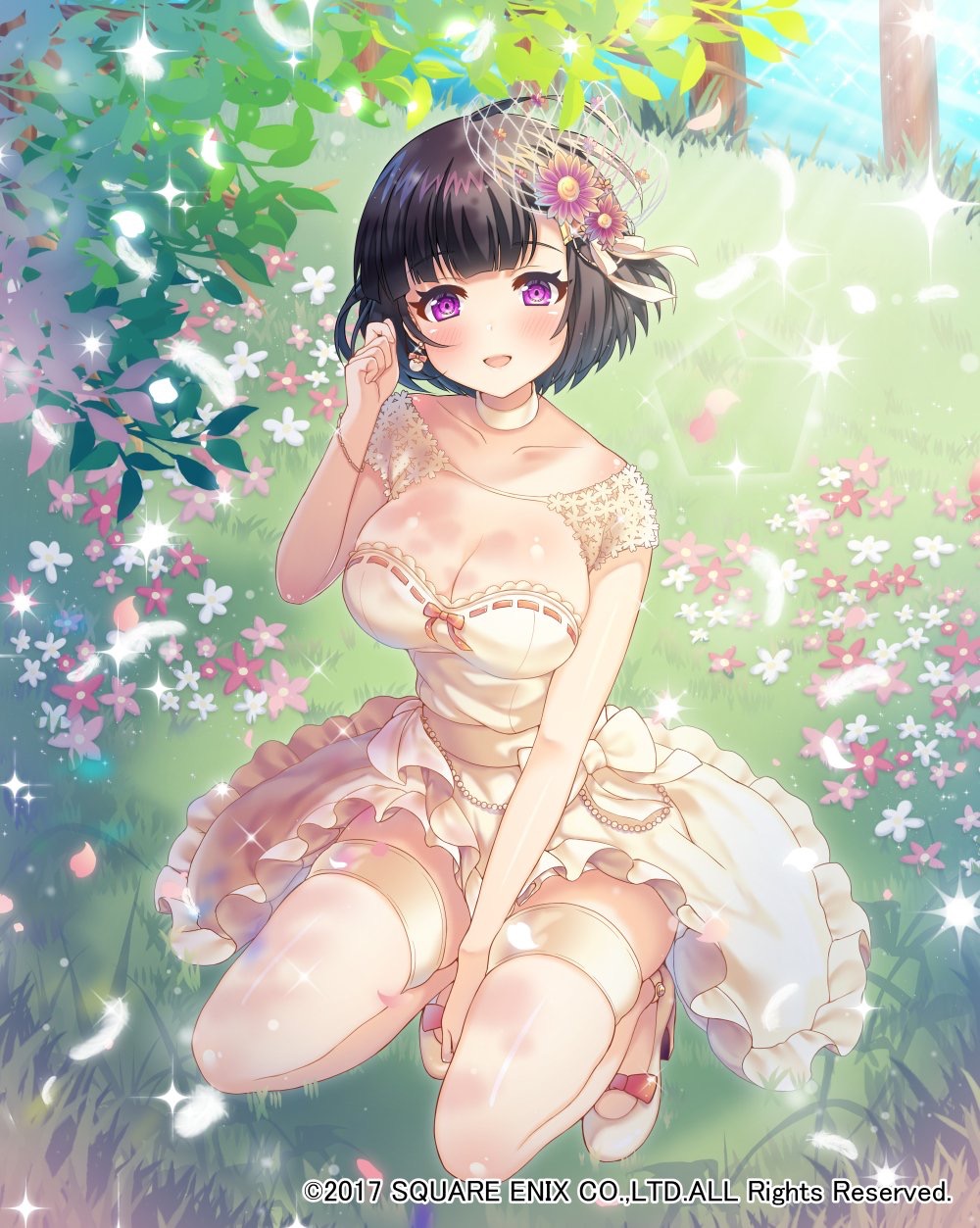 1girl :d between_legs black_hair blue_sky blush bracelet breasts bride choker cleavage clenched_hand collarbone dress earrings flower full_body grass hair_flower hair_ornament hand_between_legs hand_up high_heels highres ichigo_seika jewelry konohana_sakuya_(venus_rumble) large_breasts looking_at_viewer official_art open_mouth outdoors sandals short_hair sky smile solo squatting thigh-highs venus_rumble violet_eyes white_choker white_dress white_footwear white_legwear