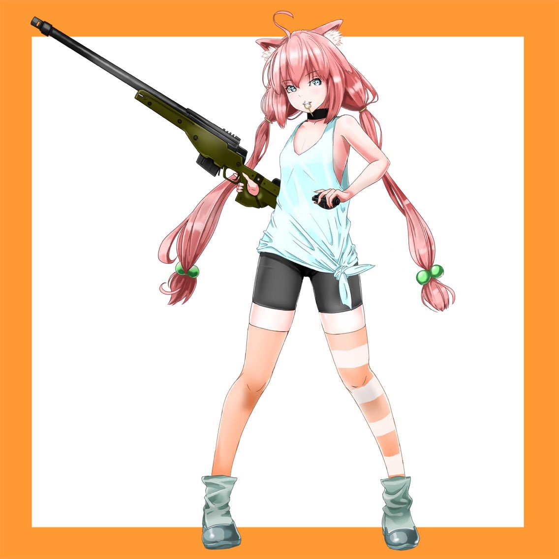 1girl ahoge animal_ears bike_shorts blue_eyes boots cat_ears clenched_teeth explosive full_body grenade grenade_pin gun hair_bobbles hair_ornament hinata_channel long_hair low_twintails mismatched_legwear mouth_hold nekomiya_hinata orange_legwear pink_hair rifle shorts solo striped striped_legwear teeth thigh-highs twintails vest virtual_youtuber weapon weapon_request white_vest