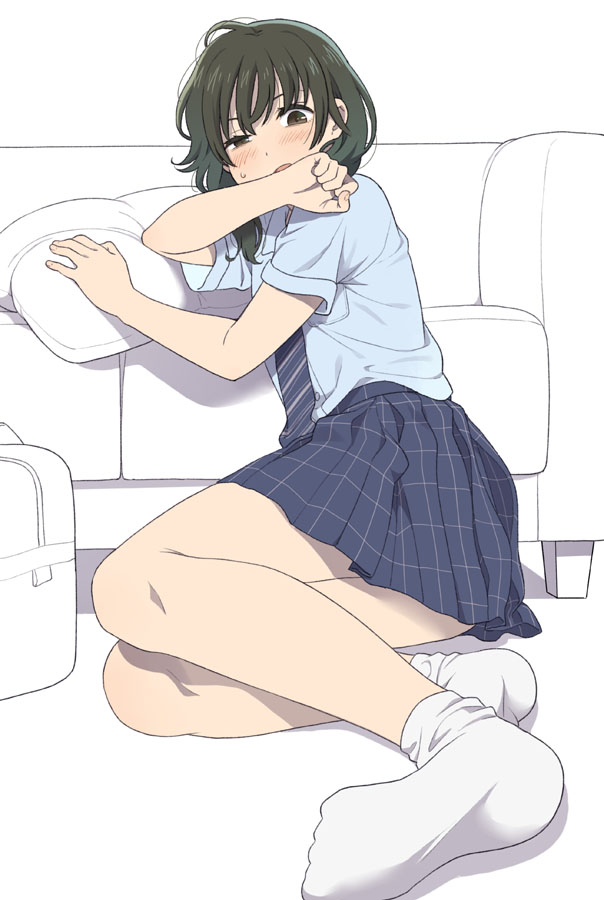 1girl ahoge bangs black_eyes black_hair blue_shirt blue_skirt clenched_hand couch feet green_hair half-closed_eye looking_at_viewer mattaku_mousuke necktie no_shoes on_floor original plaid plaid_skirt pov_feet shirt short_sleeves sitting sitting_on_floor skirt socks solo striped_neckwear sweatdrop white_legwear