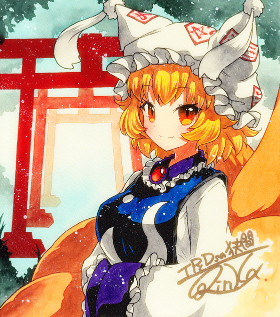 1girl blonde_hair commentary_request dress fox_tail frills hands_in_opposite_sleeves hat multiple_tails multiple_torii ofuda orange_eyes pillow_hat qqqrinkappp shikishi short_hair smile tabard tail touhou traditional_media yakumo_ran