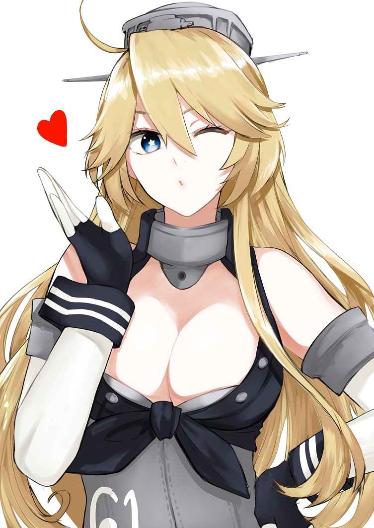 1girl blown_kiss breasts collar collarbone commentary_request elbow_gloves eyebrows_visible_through_hair fingerless_gloves gloves hair_between_eyes headgear iowa_(kantai_collection) kantai_collection large_breasts long_hair looking_at_viewer metal_collar morinaga_miki one_eye_closed open_mouth shirt simple_background standing star star-shaped_pupils symbol-shaped_pupils tied_shirt white_background wrist_cuffs