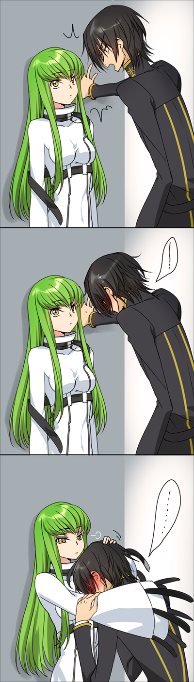 1boy 1girl 3koma bangs breasts brown_hair c.c. code_geass comic commentary_request couple creayus embarrassed eyebrows_visible_through_hair green_hair hand_on_another's_head head_tilt hetero highres hug lelouch_lamperouge long_hair long_sleeves looking_at_another medium_breasts open_mouth school_uniform short_hair sidelocks silent_comic standing wall_slam wide_sleeves yellow_eyes