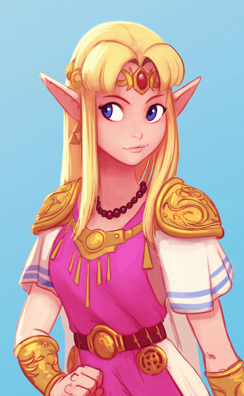 1girl armlet belt blonde_hair blue_background blue_eyes breasts carlos_eduardo circlet commentary earrings highres jewelry light_smile lips long_hair looking_to_the_side necklace pauldrons pointy_ears princess_zelda simple_background solo the_legend_of_zelda triforce