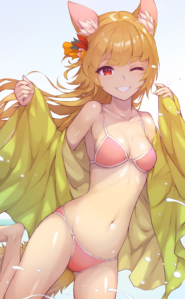 1girl animal_ears bikini blonde_hair breasts cleavage feet_out_of_frame fox_ears fox_tail gakuen-chou highres izumi_(sdorica) long_hair medium_breasts open_clothes parted_lips pink_bikini red_eyes robe sdorica simple_background solo swimsuit tail white_background yellow_robe