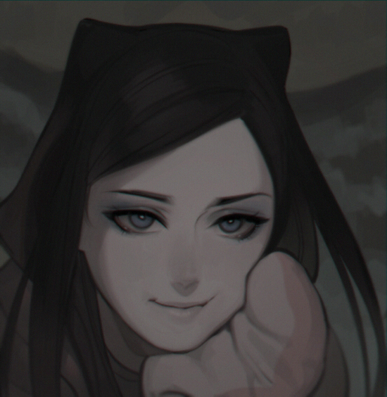 1girl aconitea black_hair blue_eyes chin_rest ergo_proxy eyeshadow face lips makeup mittens real_mayer smile solo