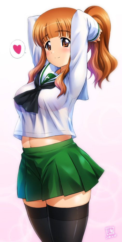 1girl adjusting_hair alternate_hairstyle black_legwear bra breasts cowboy_shot dated girls_und_panzer green_skirt heart kamogawa_tanuki long_hair looking_at_viewer medium_breasts navel neckerchief ooarai_school_uniform orange_hair pleated_skirt ponytail school_uniform see-through serafuku shiny shiny_clothes shiny_hair sidelocks signature skindentation skirt smile solo speech_bubble spoken_heart takebe_saori thigh-highs tying_hair underwear