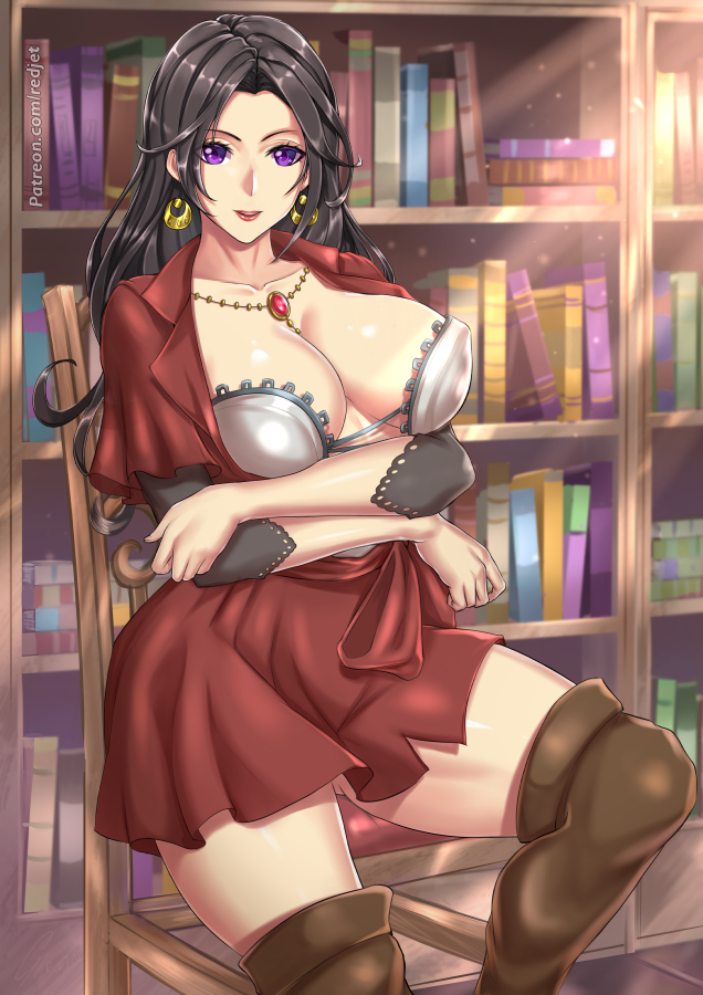 1girl arms_under_breasts black_hair book bookshelf boots breasts brown_footwear cattleya_baudelaire chair cleavage collarbone commentary crossed_arms dress earrings giovanni_zaccaria jewelry large_breasts long_hair looking_at_viewer necklace red_dress red_lips sitting smile solo thigh-highs thigh_boots violet_evergarden violet_eyes