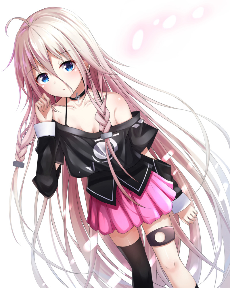 1girl ahoge akira_(been0328) asymmetrical_legwear blue_eyes braid breasts choker cleavage collarbone eyebrows_visible_through_hair floating_hair hair_between_eyes hair_ornament ia_(vocaloid) miniskirt off_shoulder parted_lips pink_skirt pleated_skirt shiny shiny_skin silver_hair skirt small_breasts solo standing thigh-highs thigh_strap vocaloid white_background