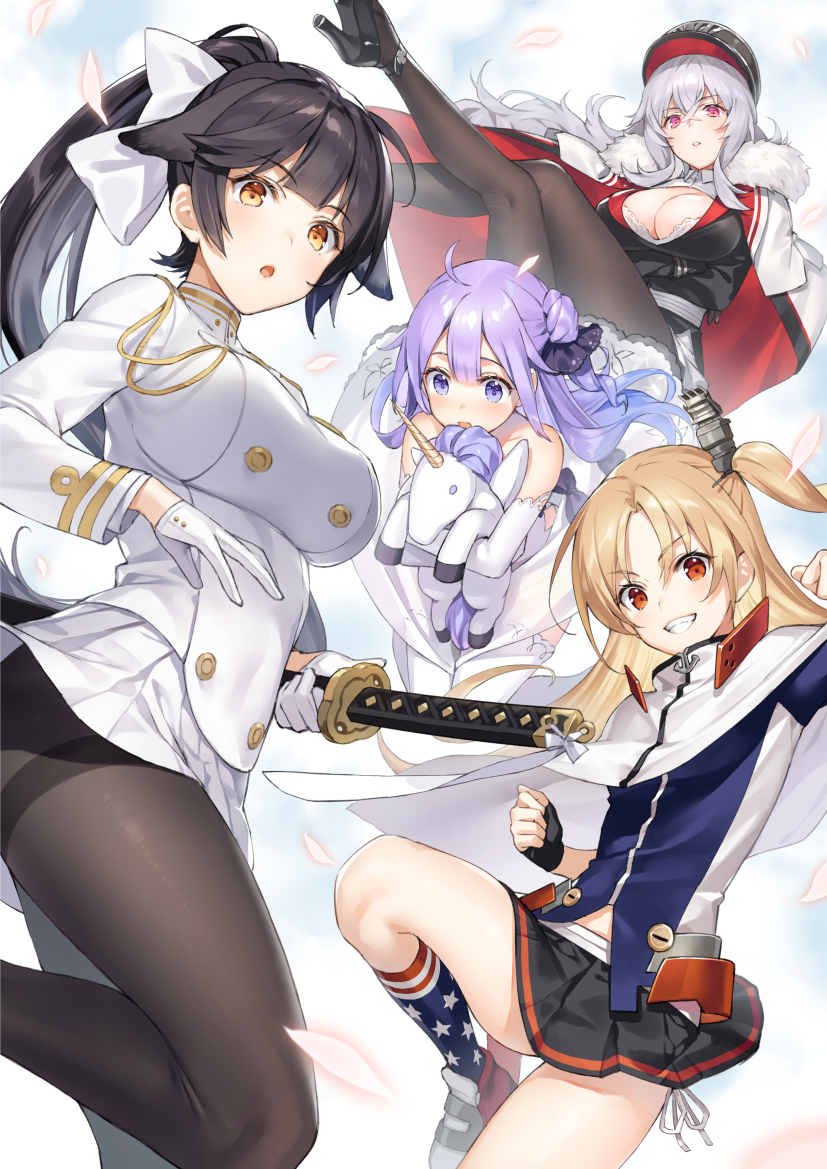 4girls american_flag american_flag_print azur_lane bare_shoulders black_gloves black_hair black_legwear breasts cape cleavage cleveland_(azur_lane) commentary_request dress elbow_gloves eyebrows_visible_through_hair fingerless_gloves flag_print gloves graf_zeppelin_(azur_lane) grin hair_between_eyes half_gloves hat high_heels katana kneehighs large_breasts leg_up legs_crossed light_brown_hair long_hair military military_uniform miniskirt multiple_girls object_hug one_side_up open_mouth panties pantyhose parted_lips petals pink_eyes ponytail red_eyes side-tie_panties sidelocks silver_hair skirt small_breasts smile stuffed_animal stuffed_toy sword takao_(azur_lane) thigh-highs thighband_pantyhose tokki underwear unicorn_(azur_lane) uniform very_long_hair violet_eyes weapon white_dress white_gloves white_legwear yellow_eyes