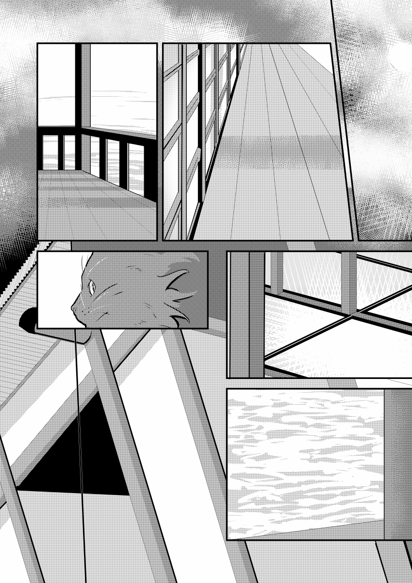 architecture cat comic east_asian_architecture greyscale highres monochrome no_humans shikushiku_(amamori_weekly) touhou translation_request whiskers wooden_floor