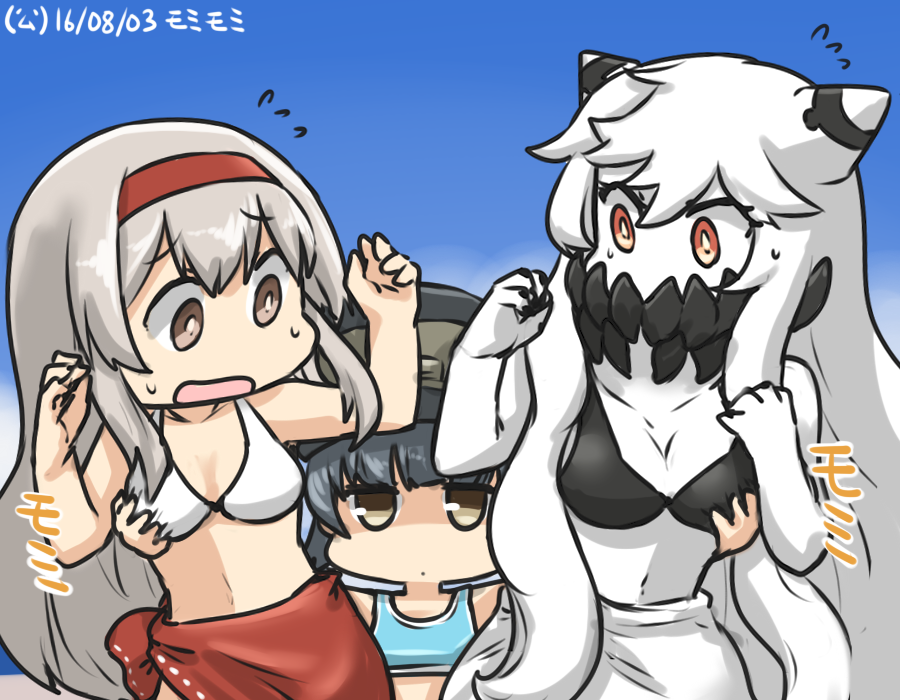 3girls arare_(kantai_collection) bikini blue_sky breast_envy breast_grab breasts brown_eyes commentary_request covered_mouth dated flying_sweatdrops grabbing grabbing_from_behind groping hairband hamu_koutarou hat horns kantai_collection long_hair midway_hime multiple_girls open_mouth pale_skin red_eyes sarong shaded_face shinkaisei-kan shoukaku_(kantai_collection) sky sweat swimsuit white_hair