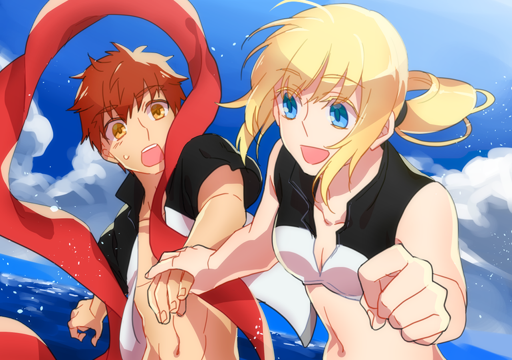 1boy 1girl :d artoria_pendragon_(all) bikini_top blonde_hair blue_eyes clouds commentary_request couple day emiya_shirou fate/grand_order fate/stay_night fate_(series) hand_holding jacket long_hair love matching_outfit midriff navel open_mouth otama_(atama_ohanabatake) outdoors ponytail projection_magecraft_(fate/grand_order) raglan_sleeves redhead saber shirtless sky smile swimwear water yellow_eyes