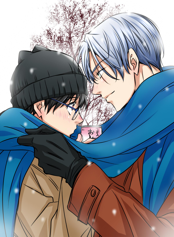 2boys black_gloves black_hair blue-framed_eyewear blue_eyes blush brown_eyes can coat eye_contact glasses gloves hat katsuki_yuuri looking_at_another male_focus multiple_boys scarf shared_scarf silver_hair sisido_(black_candy) smile snowing tree viktor_nikiforov yaoi yuri!!!_on_ice