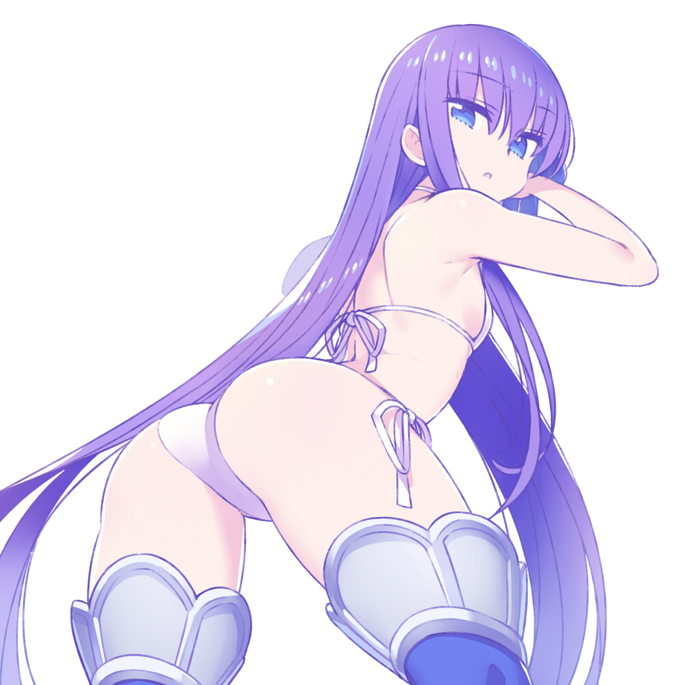 1girl arched_back ass bangs bikini blue_eyes blue_legwear breasts chan_co commentary_request cowboy_shot eyebrows_visible_through_hair fate/extra fate/extra_ccc fate/grand_order fate_(series) from_behind hair_ribbon leaning_forward long_hair looking_at_viewer looking_back meltlilith open_mouth purple_hair ribbon side-tie_bikini simple_background single_sidelock small_breasts swimsuit thigh-highs very_long_hair white_background white_bikini