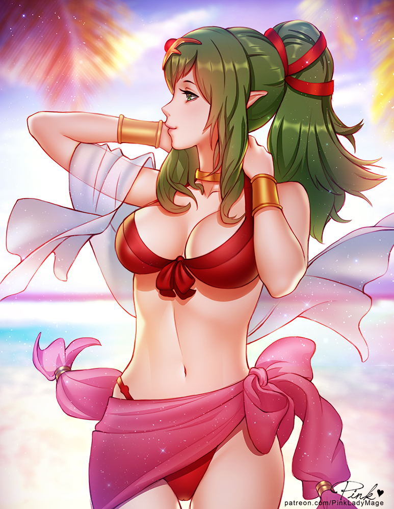 1girl arms_behind_head artist_name bare_shoulders bikini breasts chiki commentary day english_commentary fire_emblem fire_emblem:_kakusei fire_emblem:_mystery_of_the_emblem fire_emblem_heroes green_eyes green_hair hair_ribbon long_hair medium_breasts navel outdoors patreon_username pink_lady_mage pointy_ears ponytail profile red_bikini red_ribbon ribbon sarong shawl signature smile solo swimsuit thigh_gap
