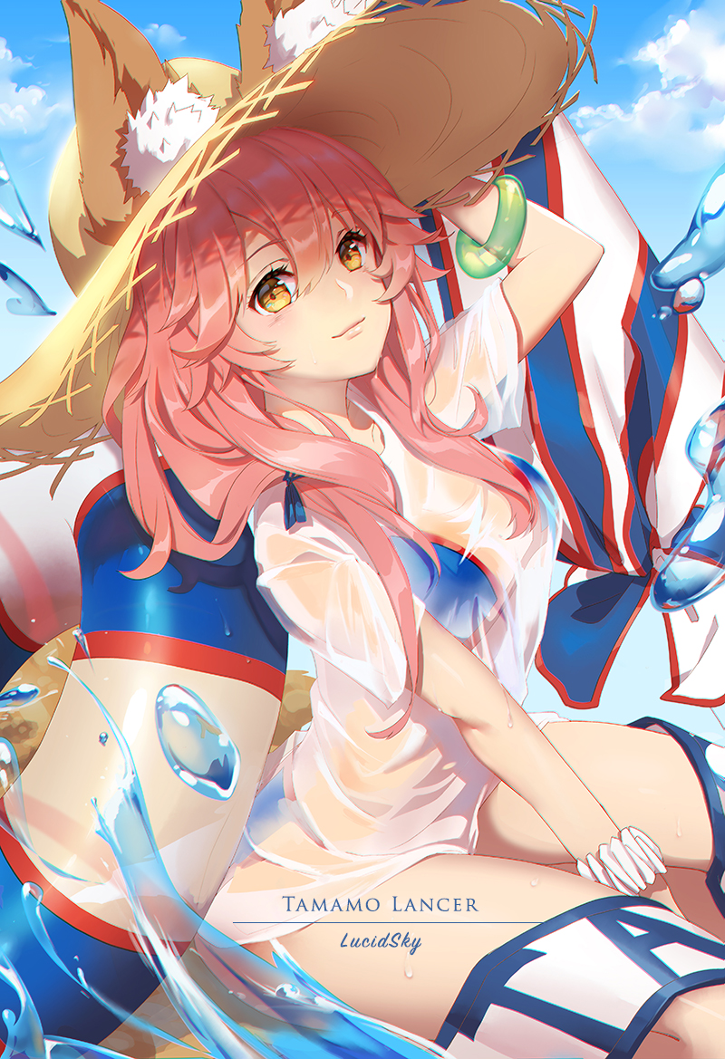 1girl animal_ears artist_name bangs beach_umbrella bikini blue_bikini blue_sky blush bracelet breasts character_name closed_mouth collarbone ears_through_headwear fate/extra fate/grand_order fate_(series) fox_ears fox_tail hair_between_eyes hat innertube jewelry large_breasts long_hair looking_at_viewer ocean pink_hair sash shirt sky smile solo splashing straw_hat sun_hat swimsuit tail tamamo_(fate)_(all) tamamo_no_mae_(fate) tamamo_no_mae_(swimsuit_lancer)_(fate) thighs umbrella water wet wet_clothes wet_shirt wet_t-shirt yellow_eyes yume_ou