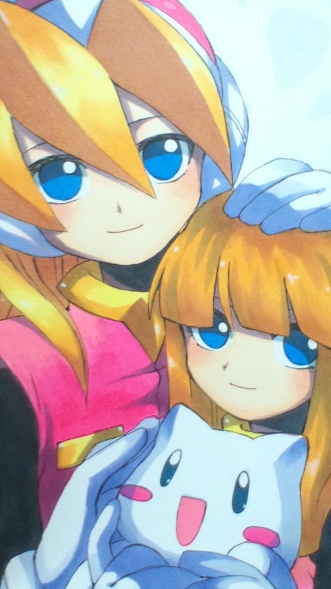 2girls alouette_(rockman_zero) ballpoint_pen_(medium) bangs blonde_hair blue_eyes blunt_bangs blush blush_stickers cat child ciel ciel_(rockman) closed_mouth commentary_request fringe gloves hair_between_eyes hand_on_another's_head headgear holding holding_cat long_hair looking_at_viewer marker_(medium) multiple_girls rockman rockman_zero smile tokigi_akira traditional_media white_gloves