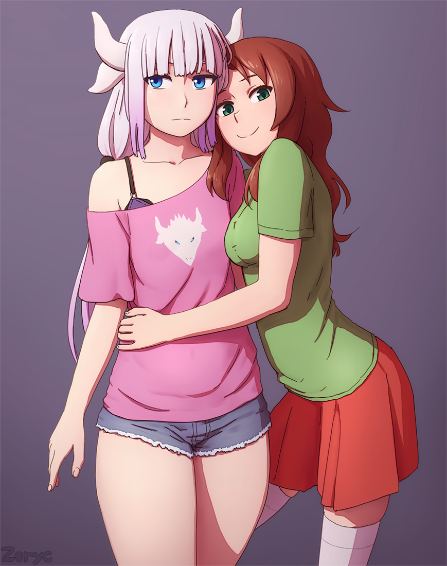 2girls artist_name bare_shoulders blue_eyes bra_strap brown_hair collarbone commentary cutoffs english_commentary expressionless green_eyes green_shirt horns kanna_kamui kobayashi-san_chi_no_maidragon lavender_hair long_hair looking_at_viewer looking_away multiple_girls off-shoulder_shirt older pink_shirt red_skirt saikawa_riko shirt short_shorts shorts simple_background skirt smile thigh-highs thighs white_legwear yuri zoryc