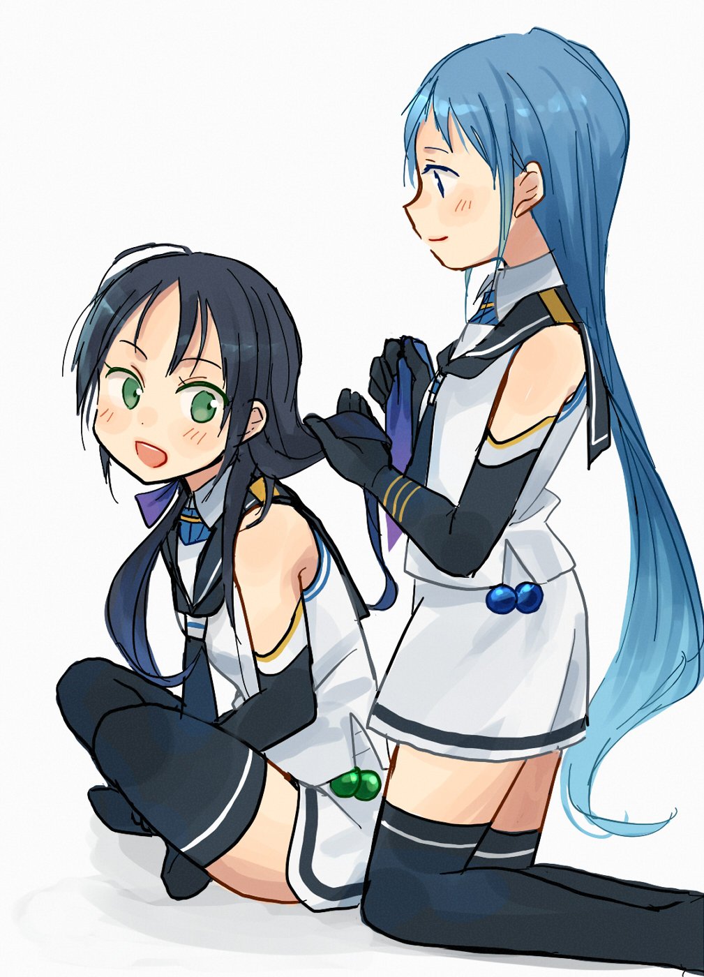 2girls annin_musou bangs black_gloves black_hair black_legwear blue_eyes blue_hair commentary_request elbow_gloves gloves gradient_hair green_eyes highres holding holding_hair indian_style kantai_collection kneeling long_hair low_twintails multicolored_hair multiple_girls neckerchief sailor_collar samidare_(kantai_collection) school_uniform serafuku shirt simple_background sitting sleeveless sleeveless_shirt suzukaze_(kantai_collection) swept_bangs thigh-highs twintails very_long_hair white_background