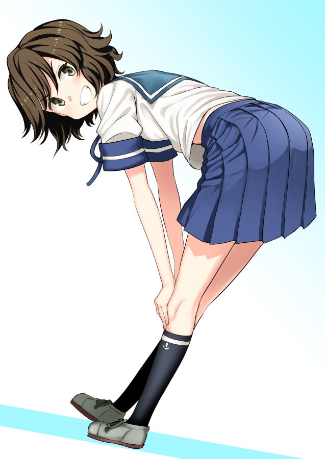 1girl bent_over black_legwear blue_neckwear blue_sailor_collar blue_skirt brown_eyes brown_hair full_body gradient gradient_background grey_footwear grin kantai_collection kumadano looking_at_viewer miyuki_(kantai_collection) neckerchief pleated_skirt sailor_collar school_uniform serafuku short_hair skirt smile solo thigh-highs white_background