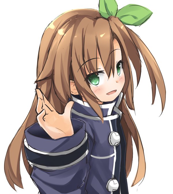 1girl blush bow brown_hair eyebrows_visible_through_hair green_eyes hair_between_eyes hair_bow hair_ornament himajin_(starmine) if_(choujigen_game_neptune) jacket long_hair looking_at_viewer neptune_(series) simple_background smile solo waving white_background